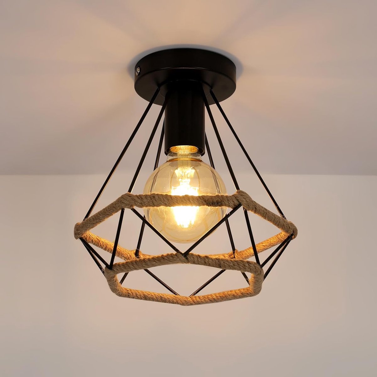 Haobosic - Retro industriële plafondlamp van metaal met kooi, lampenkap van henneptouw, ideaal voor slaapkamer, café, bar, restaurant of keuken