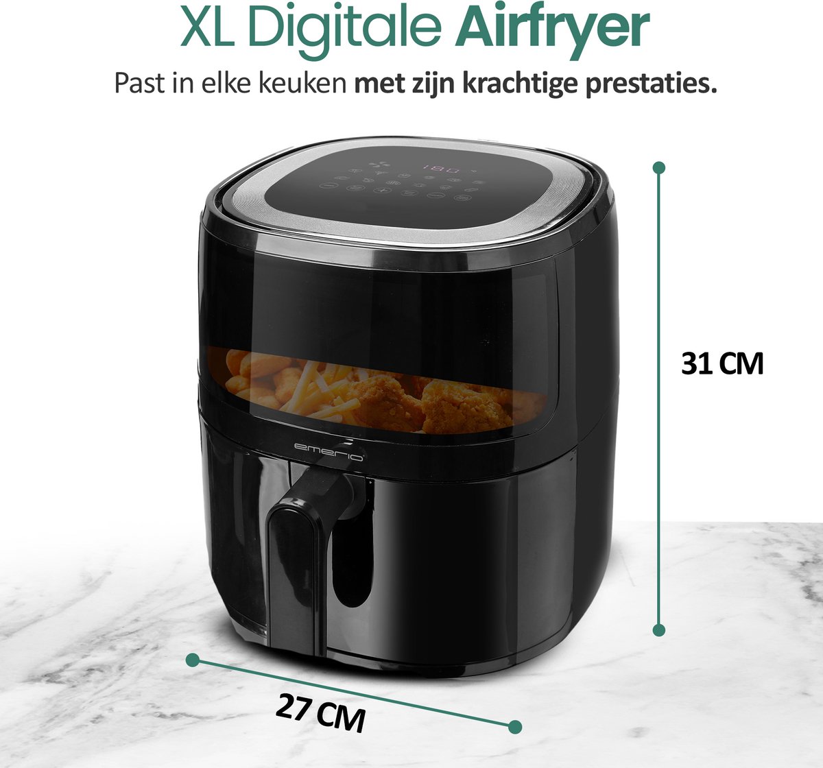 Emerio Airfryer XL - 5 Liter Heteluchtfriteuse - Regelbare thermostaat 80ºC tot 200ºC - 12 Kookprogramma's - Digitaal display - Timer functie - Kijkvenster - Cool touch - AF-129329.3 Zwart — afbeelding 5