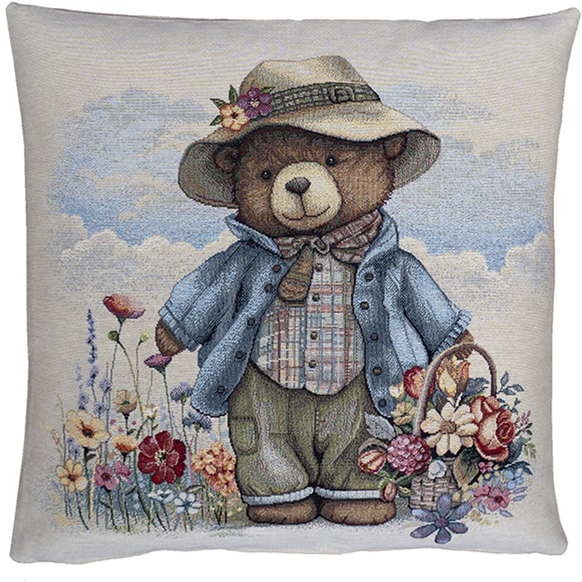 Kussenhoes - Luxe gobelinstof - Beer in bloemenveld - 45 cm