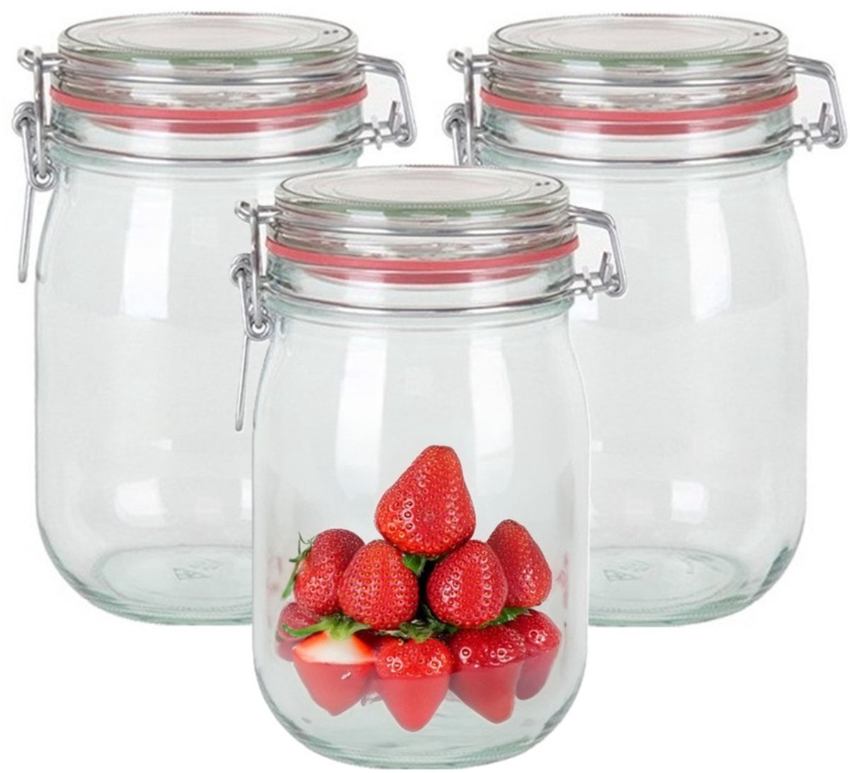 Weckpot/inmaakpot - 3x - glas - 1000 ml - met beugelsluiting - transparant - Voedsel voorraadpotten