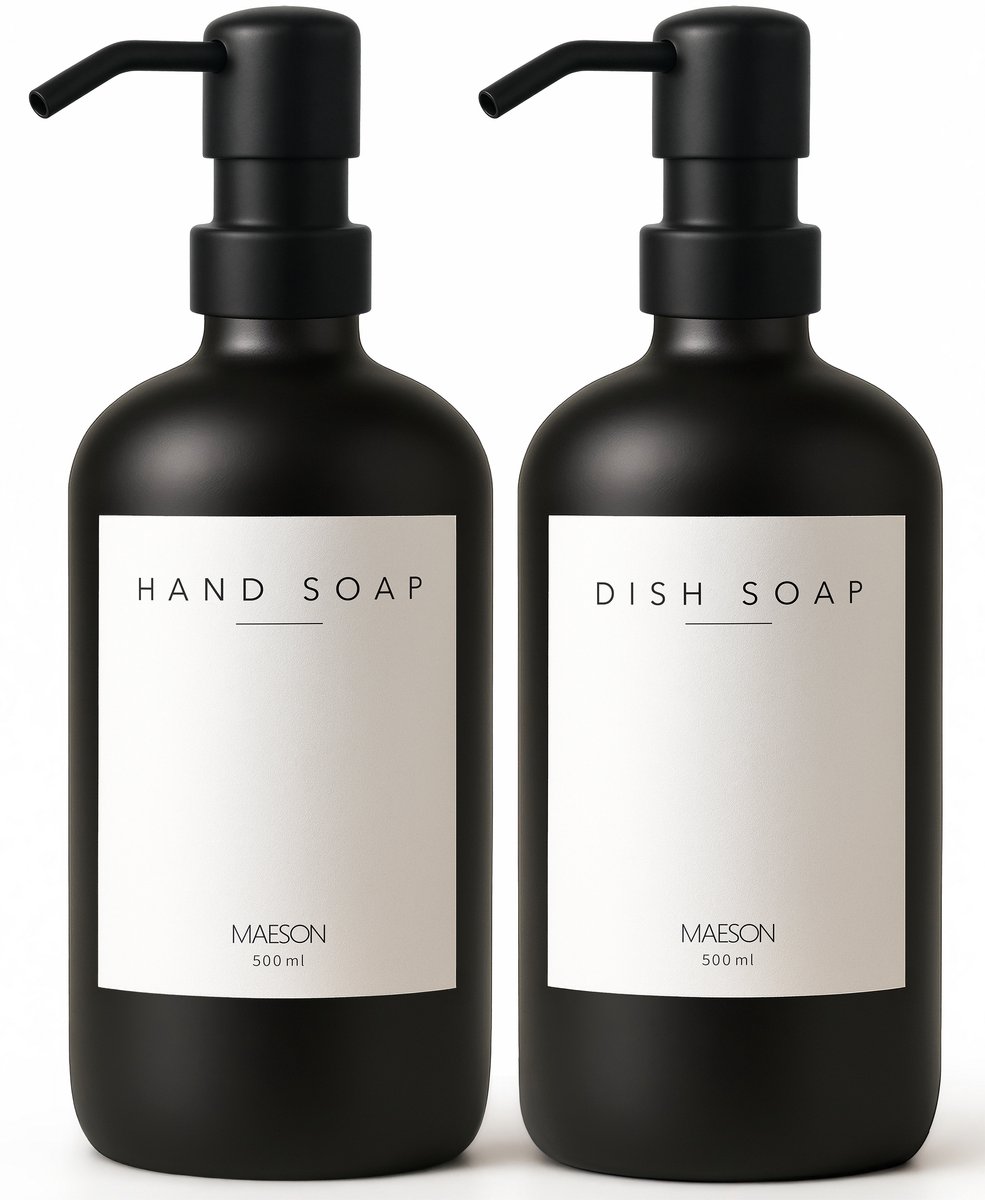 MAESON Glazen Zeepdispenser set - 500 ml - Zwart - Vrijstaand Zeeppompje - Handzeep Pompje - Voor Keuken & Badkamer