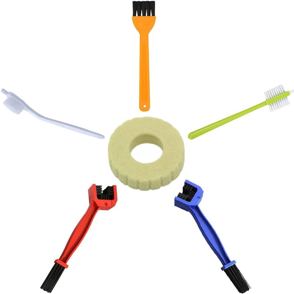 Allecto Plus - Fietsketting Reinigingsset met 5 Borstels en 1 Olievilt - Onderhoud Fietsketting - Geschikt voor Mountainbike - Hoogwaardige Reinigingsborstels