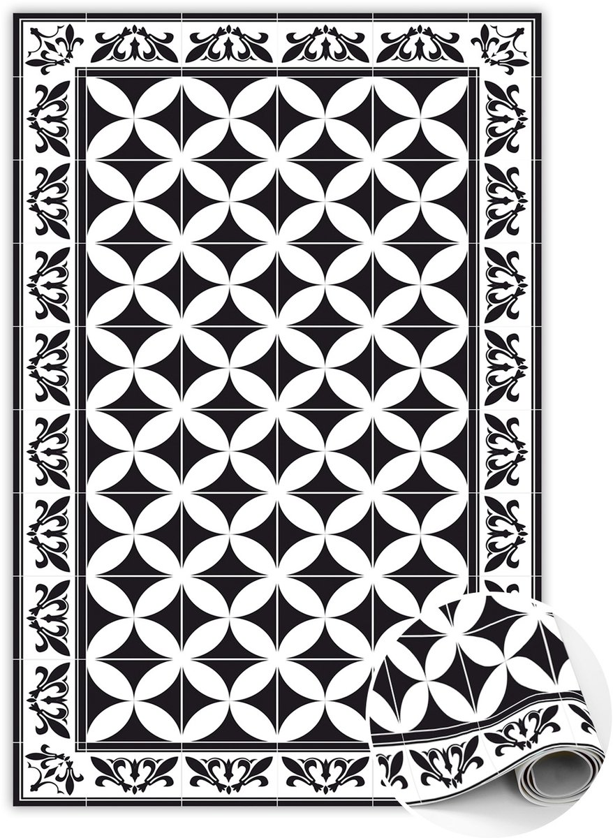 Tulup Vinyl Tapijt - Spaanse tegels Vloerkleed Op Vinyl - 80 x 120 cm - Zwart En Wit Vloerkleed Op Vinyl - Vinylmat - PVC Floor Mat - Keukentapijt - Haltapijt