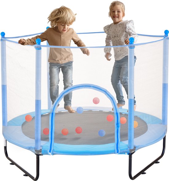 60" Kindertrampoline, 5 Voet Indoor Outdoor Minitrampoline voor Kleine Kinderen met Veiligheidsnet En Basketbalring, Cadeau voor Kinderen Vanaf 3 Jaar, Blauw