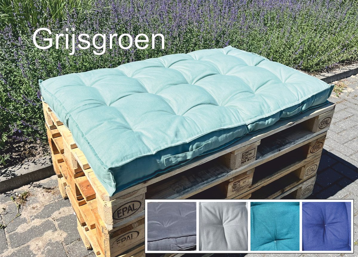 Palletkussen 80x120x10cm met 2 handgrepen grijsgroen, doorgestikt , 100% katoen
