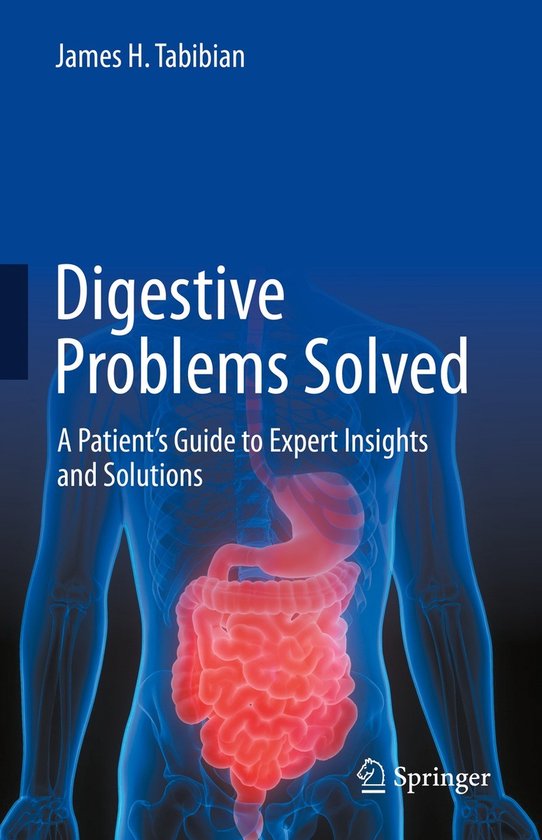 Boekomslag: Digestive Problems Solved, medische illustratie van het menselijk spijsverteringsstelsel in blauw en rood.