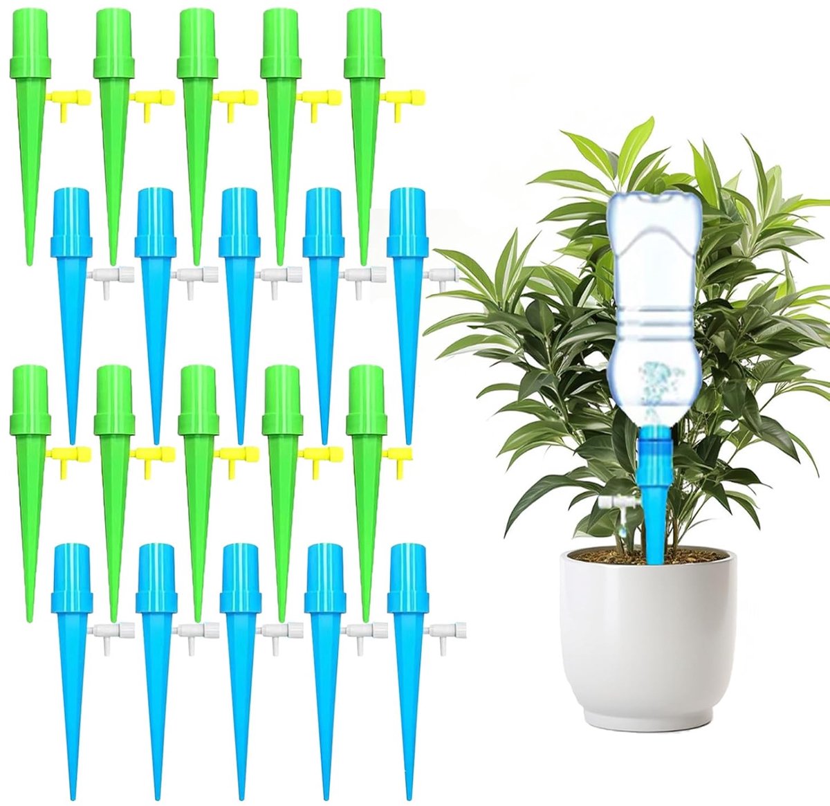 pack) - Automatisch bewateringsapparaat - Plantenbewateringssysteem - Automatische bewateringsspike voor planten - Automatische bewateringsset (20 - Met regelklep met langzame afgifte - Voor kamerplanten en potplanten buiten