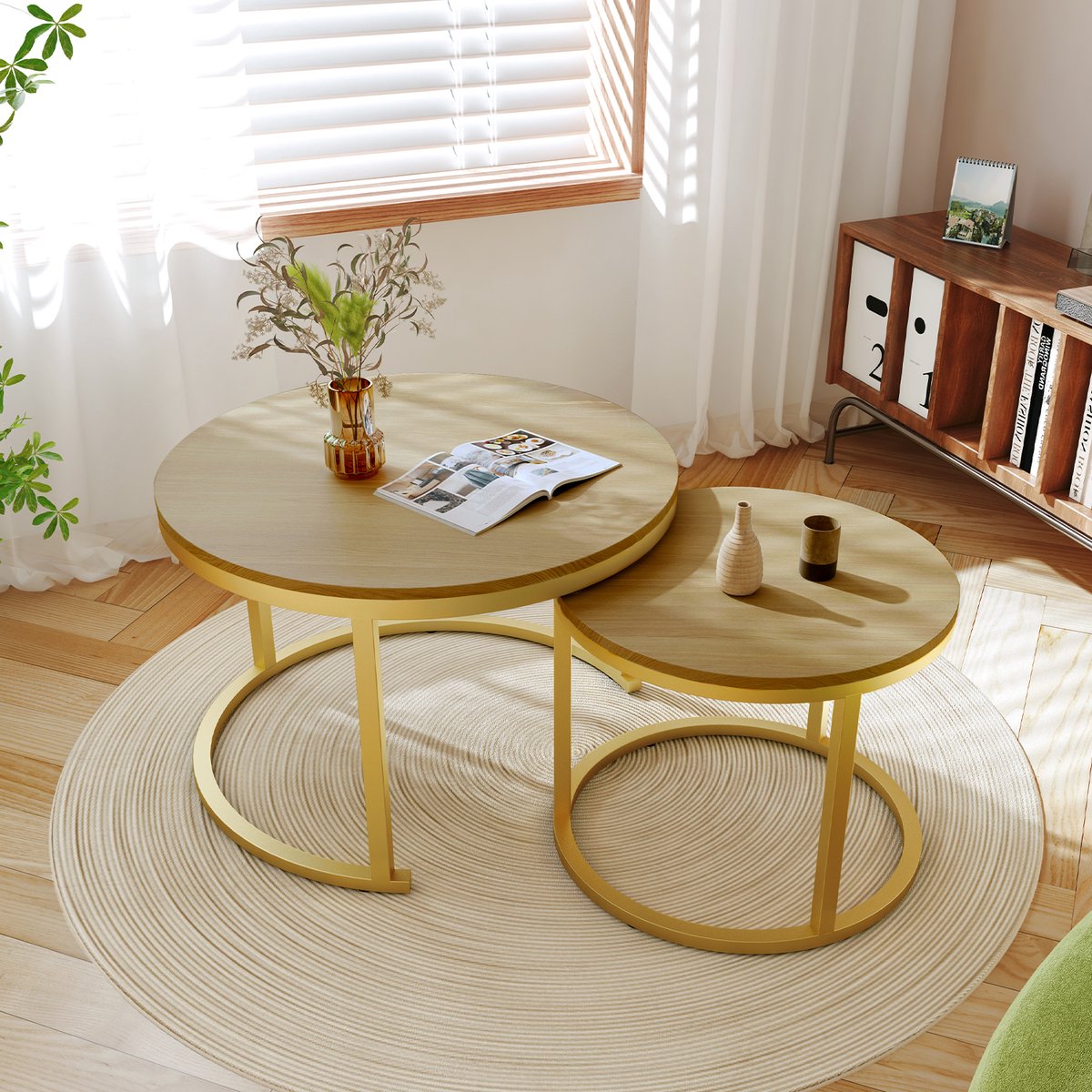 Elekiatech Salontafel - Salontafel Rond - Salon Tafel Set van 2 - Ø70 cm & Ø50 cm - Marmerlook Tafelblad - Metalen Frame - Voor Woonkamer of Slaapkamer - Naturel