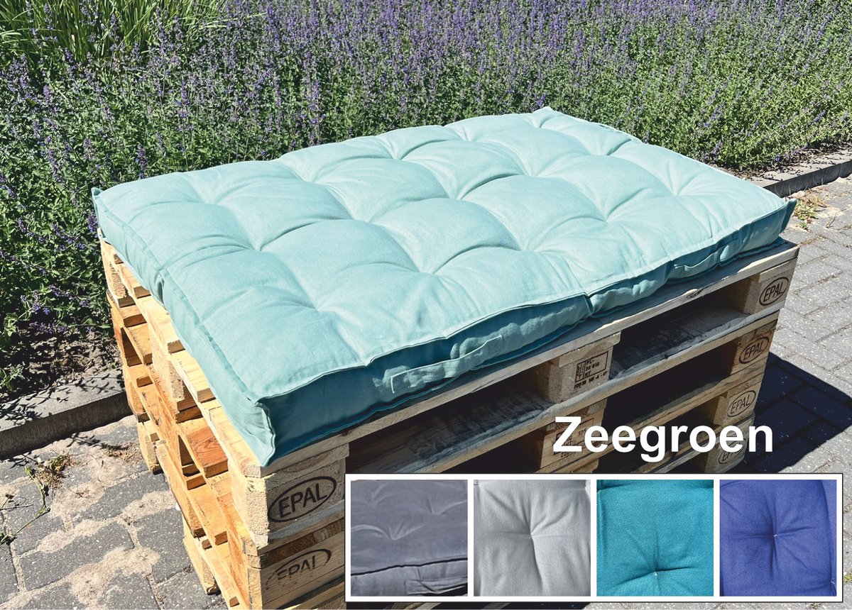 Palletkussen 80x120x10cm met 2 handgrepen zeegroen, doorgestikt , 100% katoen