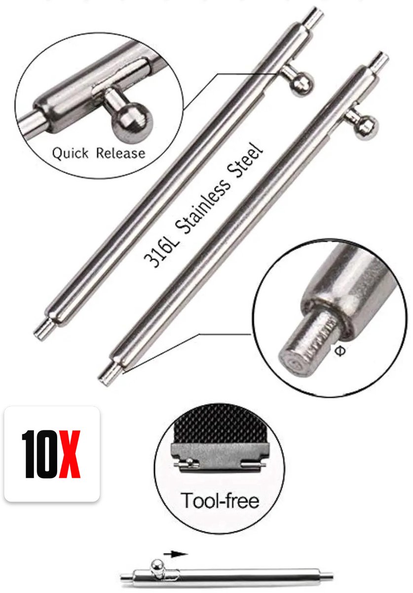 Actie4you® - Quick Release Horlogepin - Snelspan Pin - Springbar - Horloge pin - Horlogeband Pinnen - 10 Stuks - 1.5MM DIKTE - 18MM