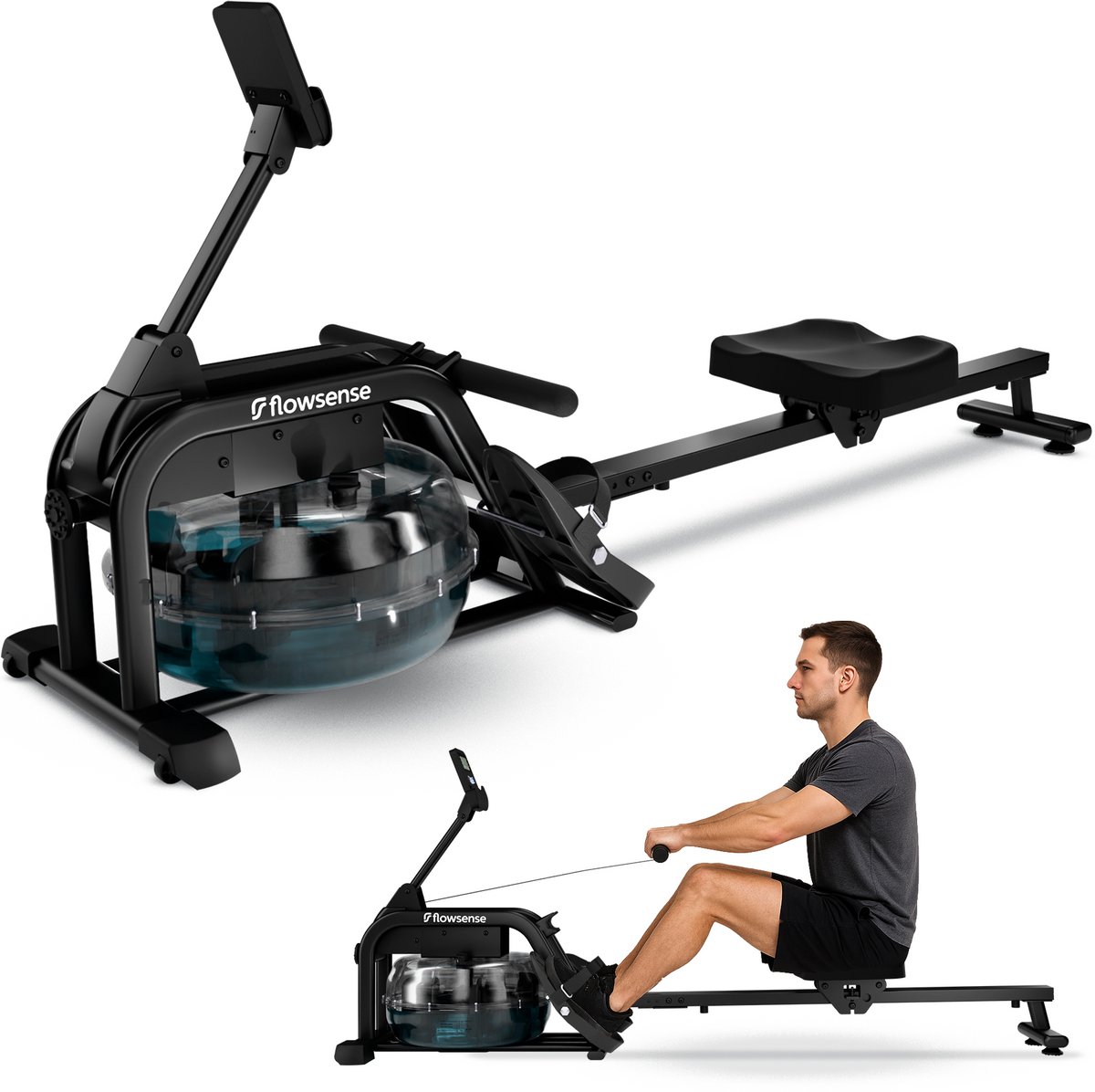 Flowsense Roeimachine Inklapbaar Waterweerstand Roeiapparaat - Roeimachine Zwart - Max 140KG - Geluidsstil (15 dB) - Gemakkelijke Montage