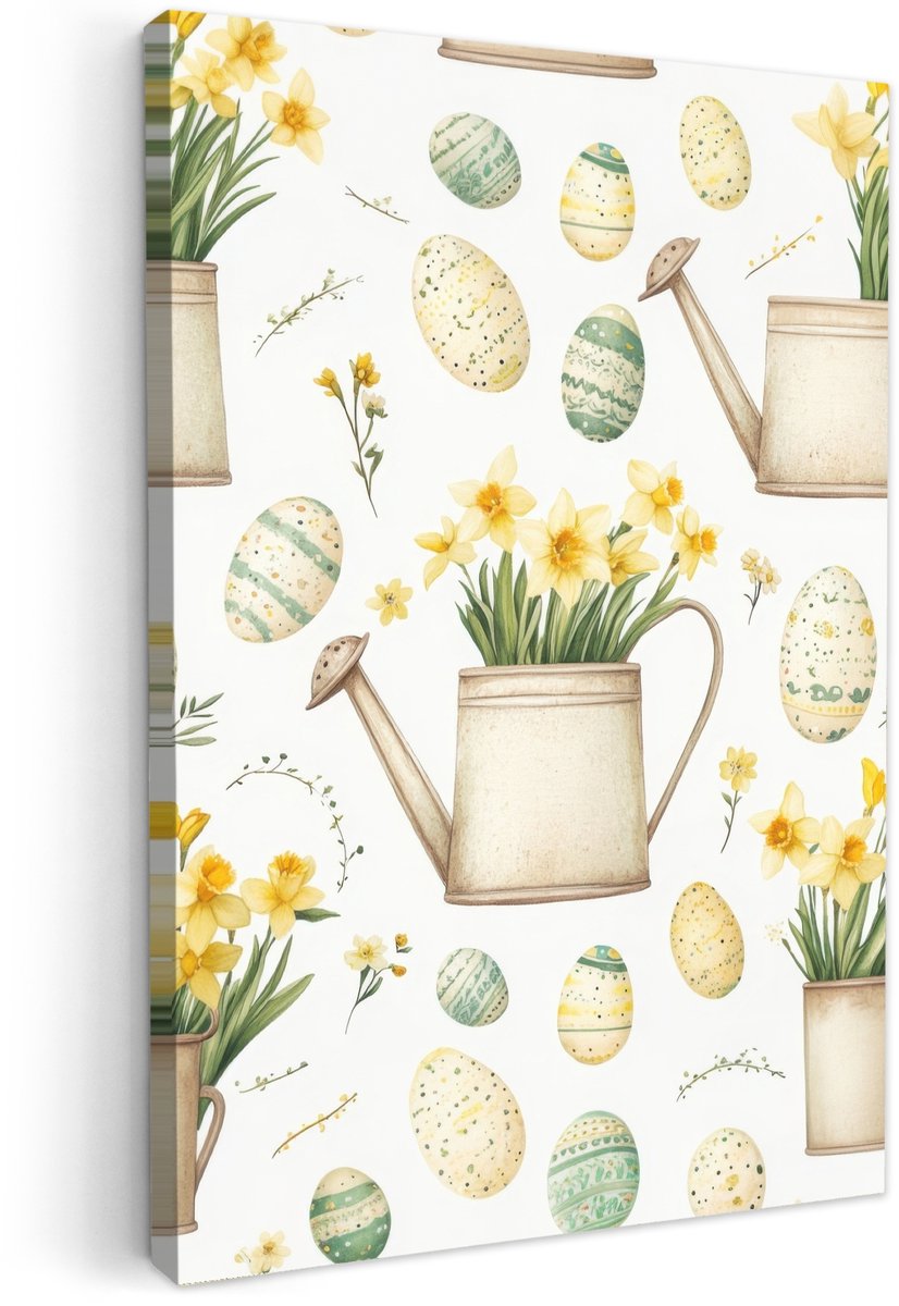 Canvas schilderij 20x30 cm - Exclusieve wanddecoratie Gieter - Bloemen - Eieren - Muurdeco