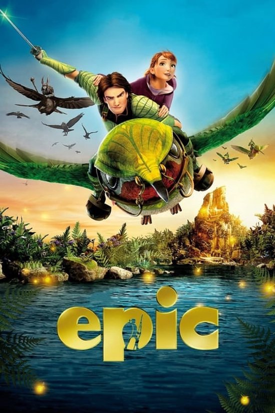 Een poster voor de film 'Epic' met M.K. en Nod die op een vliegende wezen zitten.