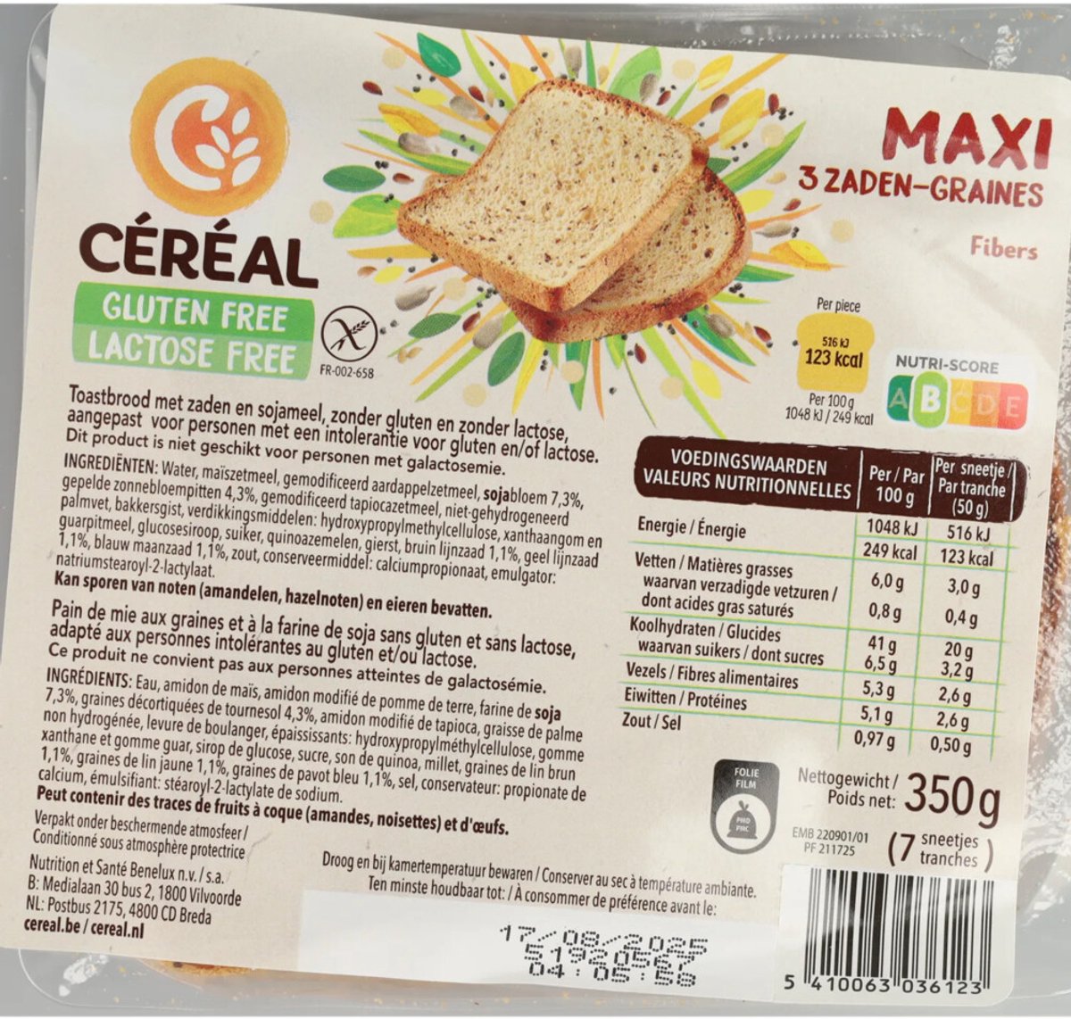 Céréal Maxi Brood 3 Zaden Glutenvrij & Lactosevrij - 6 x 350 gr - Voordeelverpakking
