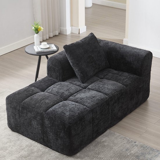 PugsdrlyComfortabele chaise longue, geen montage nodig, zachte bank met kussen, zijvakken voor de afstandsbediening en mobiele telefoon, verzorgd en elegant, zwart