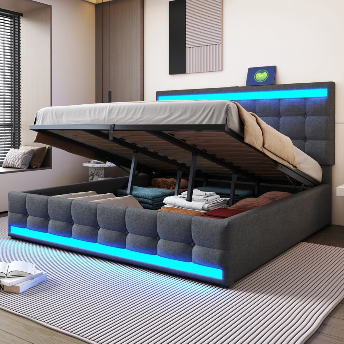 Pugsdrly Gestoffeerd bePugsdrly Gestoffeerd bed 180*200 Doppelbed met hydraulische opbergruimte, USB en kleurveranderende LED-lichtstrip, grijs Tweepersoonsbed van linnen