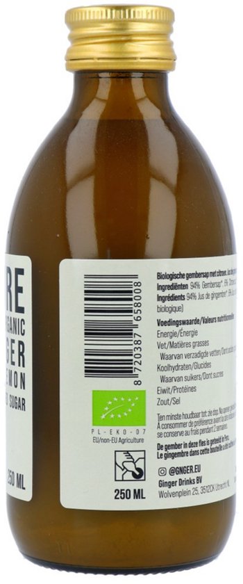 Achterkant van een bruine fles G'nger biologisch gembersap, 94% gember, 6% citroen, zonder toegevoegde suiker, 250 ml, met ingrediëntenlijst en EU-biologisch keurmerk.