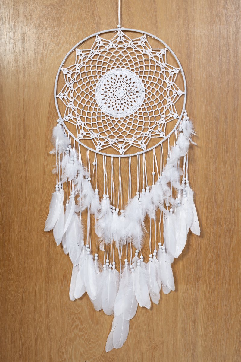KIMU® Dromenvanger Groot Mandala Wit - Dreamcatcher Veren Macramé - Bohemian Ibiza Kinderen Boho Babykamer Buiten Kado Meisjeskamer Veertjes Festival