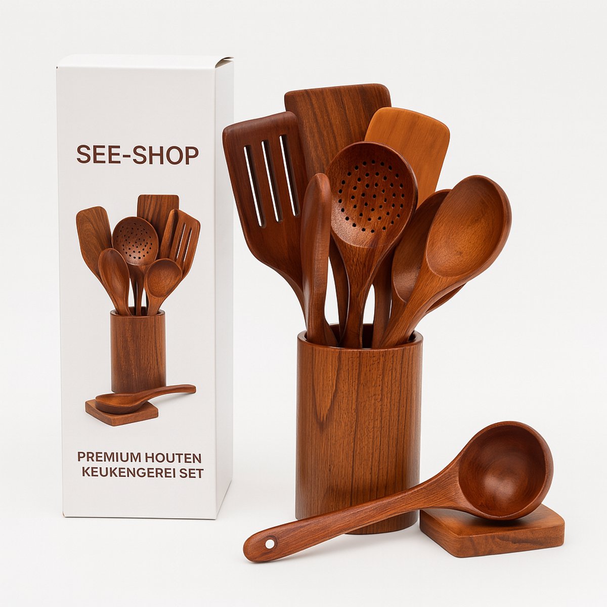 10-delige Houten Kookset - Soeplepel, Spatel, Gleufspatel, Bakspatel, Roerlepel, Saladelepel, Saladevork, Zeeflepel, Lepelsteun & Houder - Gemaakt van Duurzaam Teakhout - Geschikt voor Antiaanbakpannen