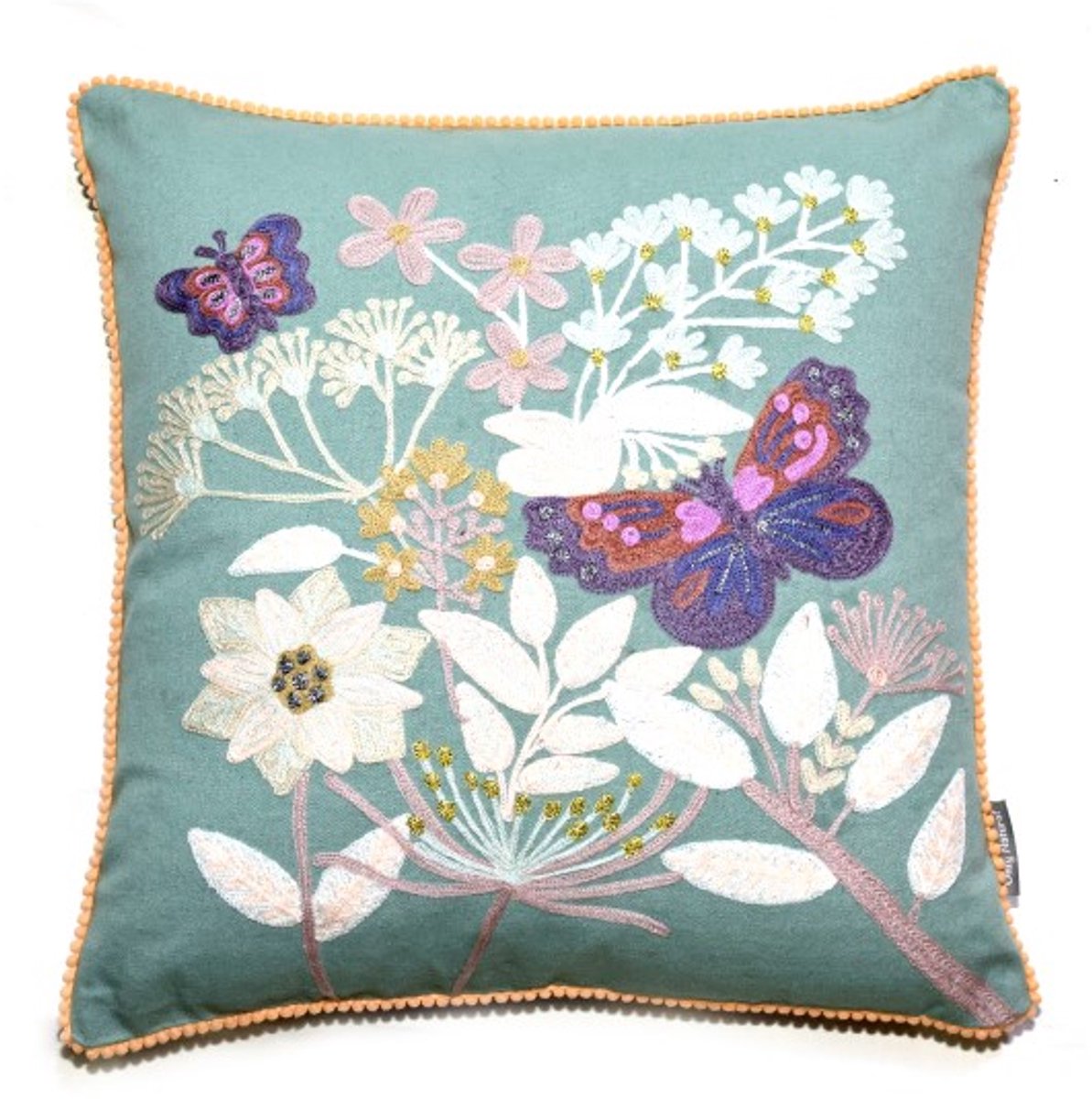 Only Natural sierkussen kussen velvet fluweel groen met geborduurde vlinders en bloemen 45 x 45 cm