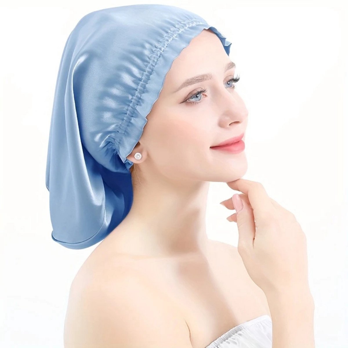 Bovista Zijden Slaapmuts - Satijnen Nachtmuts - Silk Bonnet - Sleep Cap - Haarverzorging - Satin - Verstelbaar - Voor Zacht & Stralend Haar - Licht Blauw