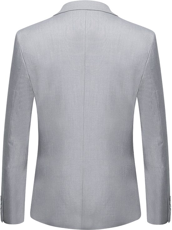 Achterkant van een grijze blazer met knopen op de mouw.