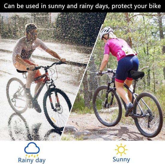 Man fietst in de regen, vrouw fietst op een zonnige dag.