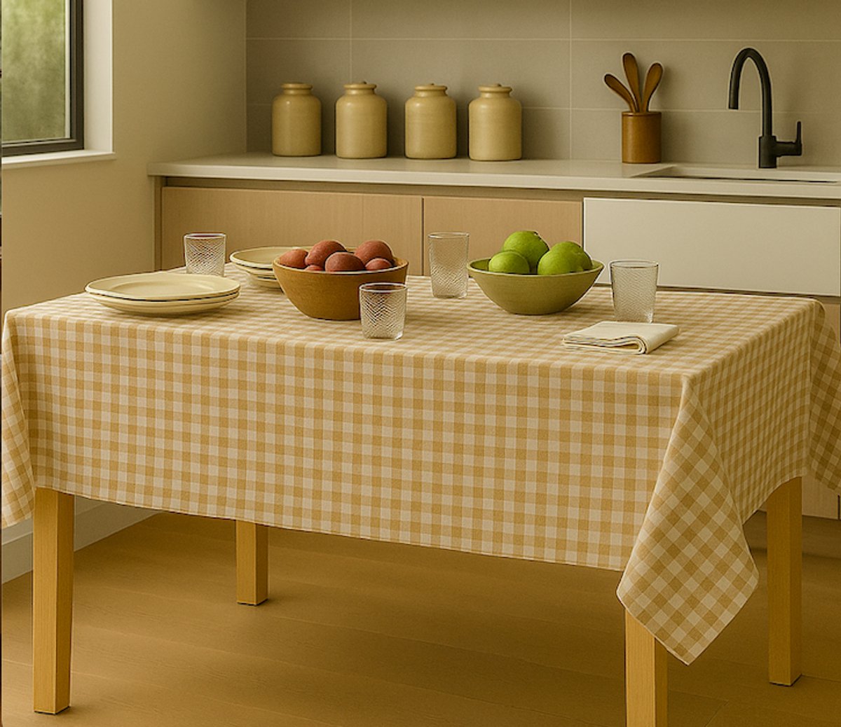 Bont geruit Tafelkleed met Vlekbestendige Behandeling , katoenen tafellaken ruit 135 x 135 beige