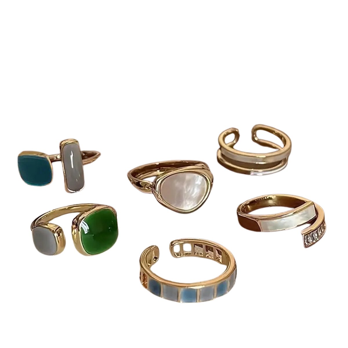 6-Delige Geometrische Ringen Set Dames - Open ringen - One-Size - Goudkleurig met Blauw, Wit en Groen - Elegant & Minimalistisch Design - Perfect als Cadeau voor Vrouwen - Trendy Sieraden voor Feest, Bruiloft & Dagelijks Gebruik