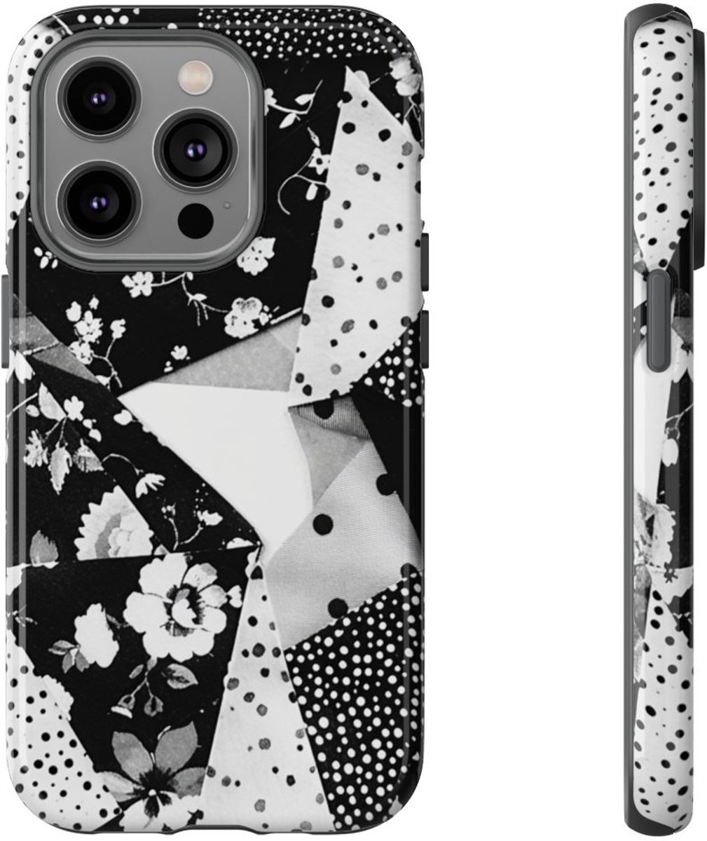 Monochrome Bloemen- en Polkadot Patchwork – Telefoonhoesje Geschikt voor iPhone 14 Pro