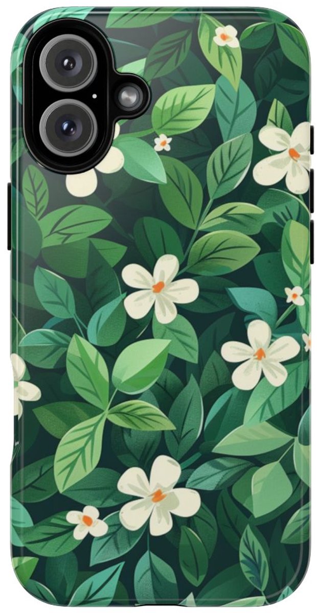Groene Bladeren en Witte Bloemenpatroon – Telefoonhoesje Geschikt voor iPhone 16 Plus