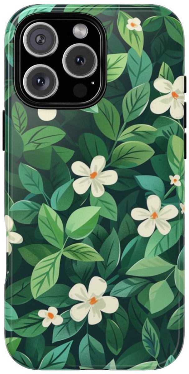 Groene Bladeren en Witte Bloemenpatroon – Telefoonhoesje Geschikt voor iPhone 16 Pro Max