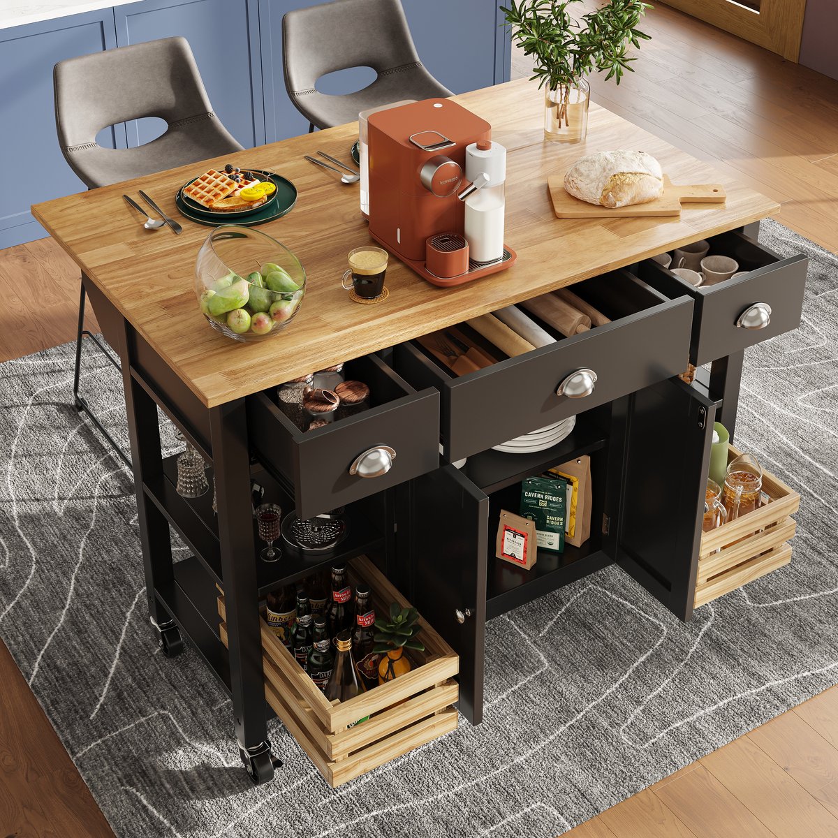 Modern keukeneiland (120×45×90cm) keukenkast eetkast eetkamerwagen eetkamerwagen houtnerf eetkamerwagen eetkamerkast multifunctionele eettafel met dennenmand opbergmand, zwart