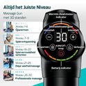 Zwarte massagepistool met 30 standen en indicatoren voor warmte, intensiteit en batterij.
