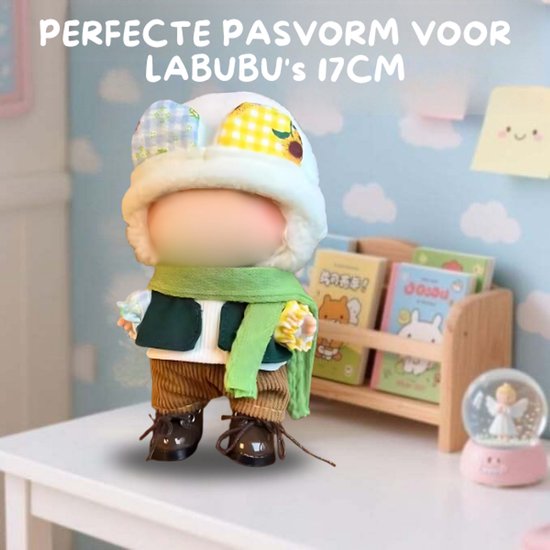 Schoentjes Kleding Set - Bruin Broekje, Groene Sjaal, Wit Mutsje, Blauw Vestje en Wit Shirtje - Casual Cute Outfit Accessoire Geschikt voor Labubu (Pop Niet Inbegrepen) — afbeelding 2