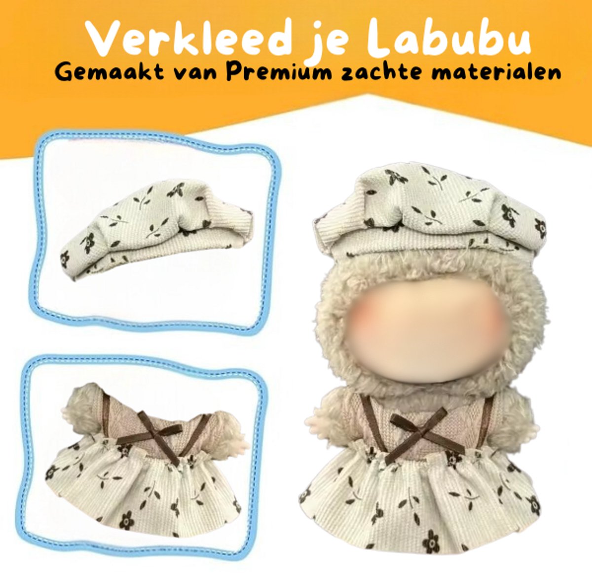Wit Rokje Kleding – Met Lichtbruin Puffy Sweatertje en Wit Mutsje met Bruine Details – Chic & Cute Outfit Accessoire Geschikt voor Labubu (Pop Niet Inbegrepen)