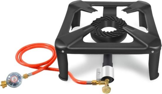 Brûleur Wok - Brûleur de cuisson - Brander Wok - Avec tuyau de 1,5 mètres et régulateur de pression 50mbar - Propane/gaz - Pour l'extérieur - Cuisinière à gaz 4 casseroles - Cuisinière de camping - Zwart