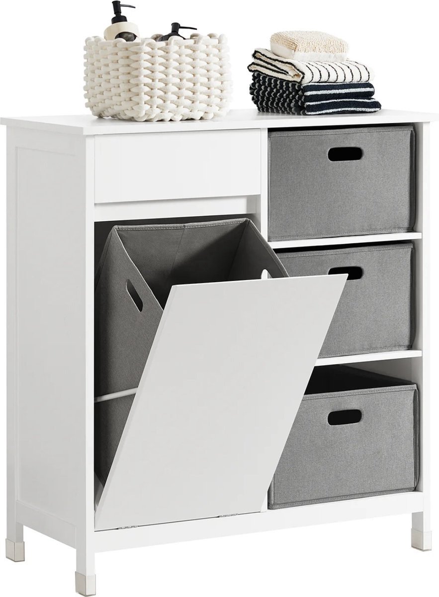 WNHB® Badkamerkast Met Kantelbare Wasmand - Waskast Badkamermeubel - Wit Grijs MDF - 38 x 80 x 91 cm