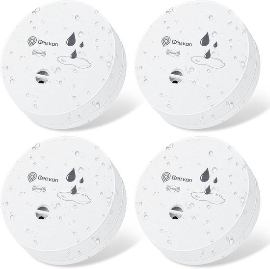 Vier identieke witte, ronde waterlekdetectoren met druppelsymbool, gerangschikt in een raster.