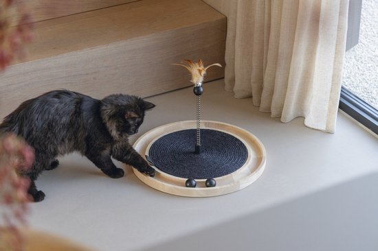 Zwarte kat speelt met een kattenmolen met veren en ballen.