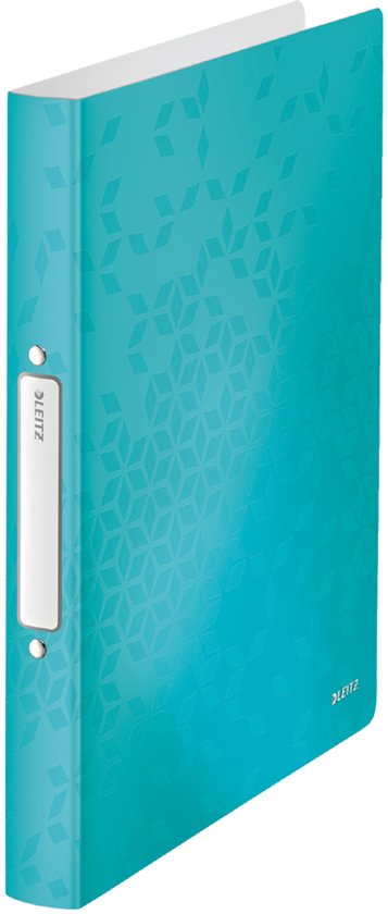 Turquoise Leitz ringband met geometrisch patroon, label en Leitz logo.