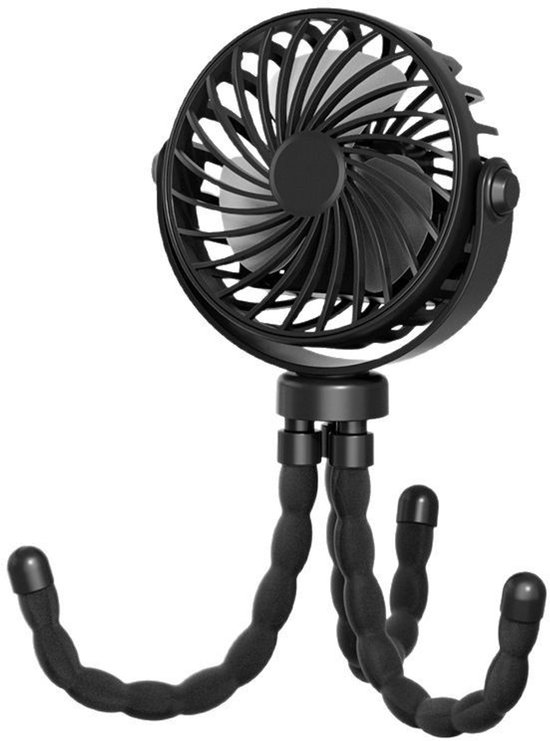 Draagbare zwarte miniventilator met statief, 3 snelheden, 360° rotatie, USB-oplaadbaar, stille kinderwagenventilator