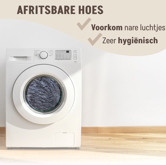 Donkergrijs, pluizig hondenkussen in een wasmachine. Tekst 'Afritsbare hoes', 'Voorkom nare luchtjes', 'Zeer hygiënisch'.