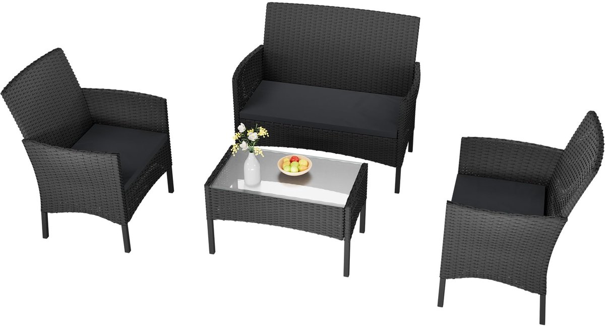 Aufun Poly Rattan Lounge Sofa Tuinmeubelset, Polyrattan Tuin Lounge Sofa Set Hoekbank met Zitkussens Elements 2 Stoelen, 1 Tweezitsbank, Salontafel met Glazen Blad (Wit Glas)