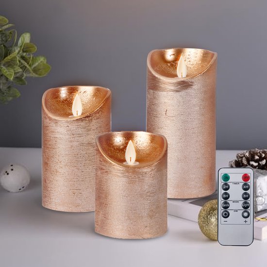 LED kaarsen met bewegende vlam 3x - Koper - Copper - Afstandsbediening - Stompkaars rustiek wax - LED kaars batterij - 7.5 x 10 12.5 15 cm