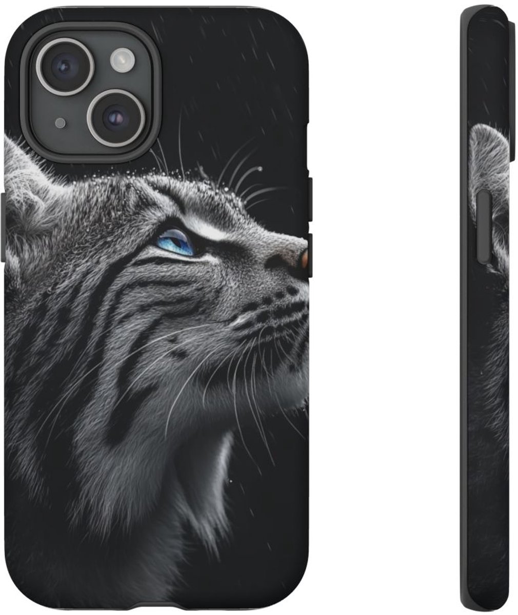 Zwart-Witte Lynx met Blauwe Ogen – Telefoonhoesje Geschikt voor iPhone 15