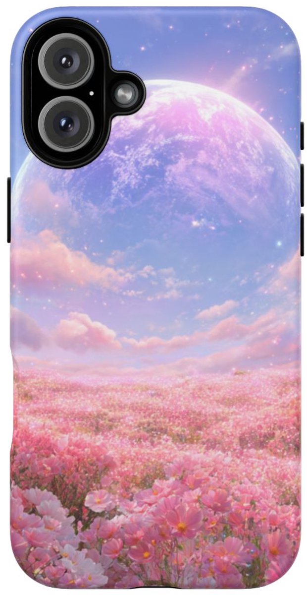 Roze Bloemenveld met Gloeiende Planeet – Telefoonhoesje Geschikt voor iPhone 16 Plus