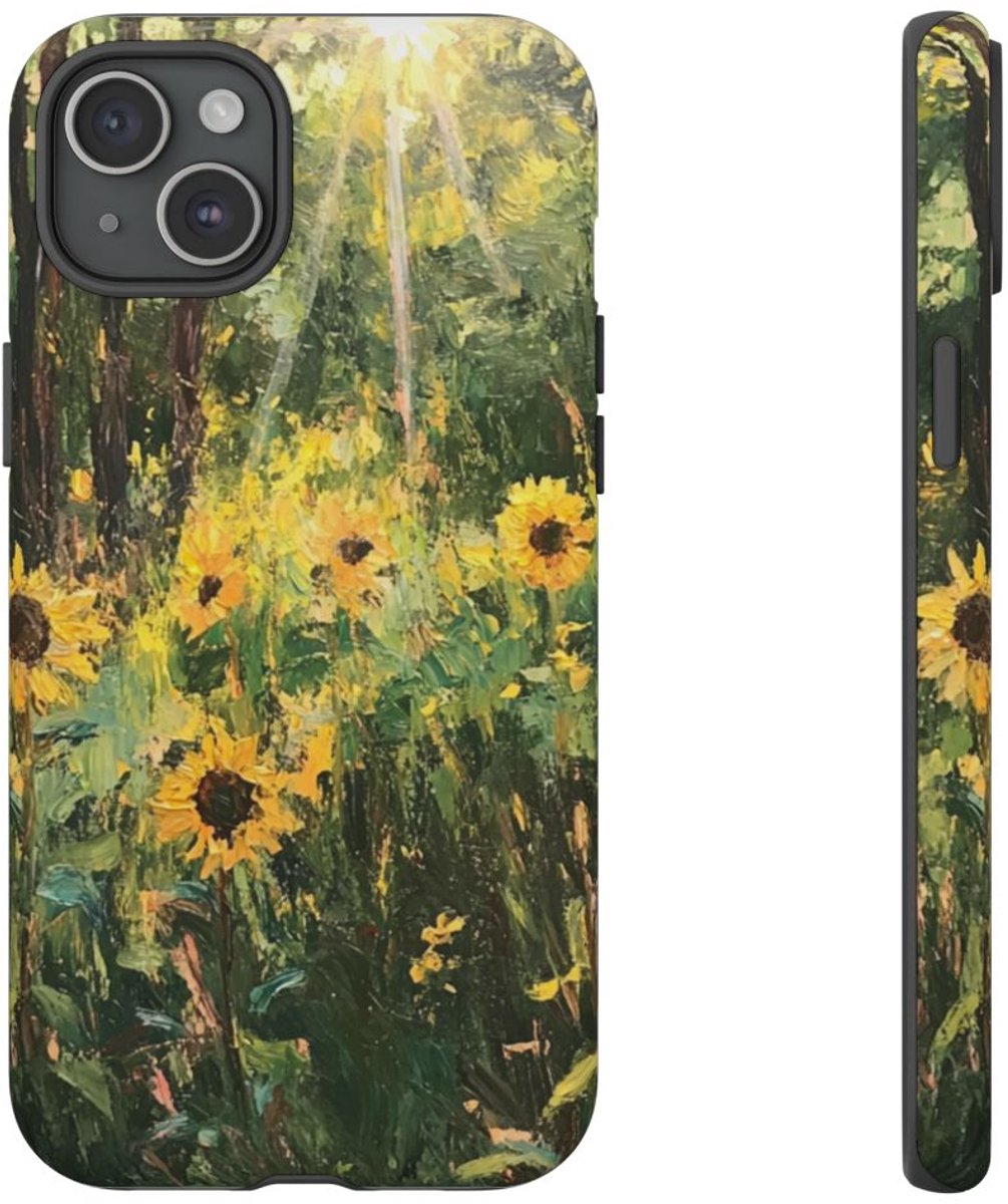 Zonnige Zonnebloemen in het Bos – Telefoonhoesje Geschikt voor iPhone 15 Plus