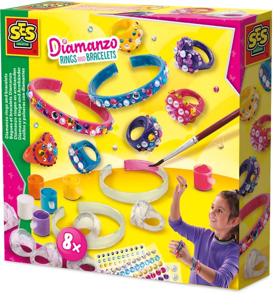 SES Creative - Hobby Pink - Diamanzo Ringen en Armbanden - Knutselen Meisjes - Sieraden Maken - 6 Ringen en 2 Armbanden - Vanaf 6 jaar