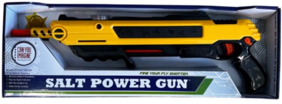 Gele en zwarte 'Salt Power Gun' met oranje punt in de verpakking.